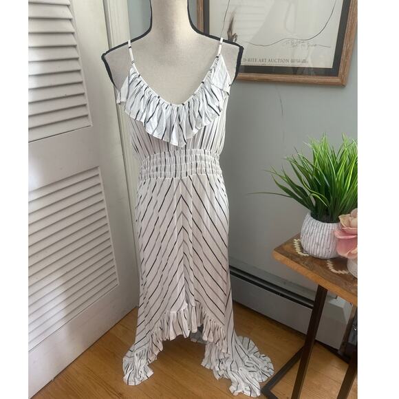 EXPRESS Womens Dress Large High Low Black White Stripe Ruffle Cutout Summer Chic - Picture 1 of 11